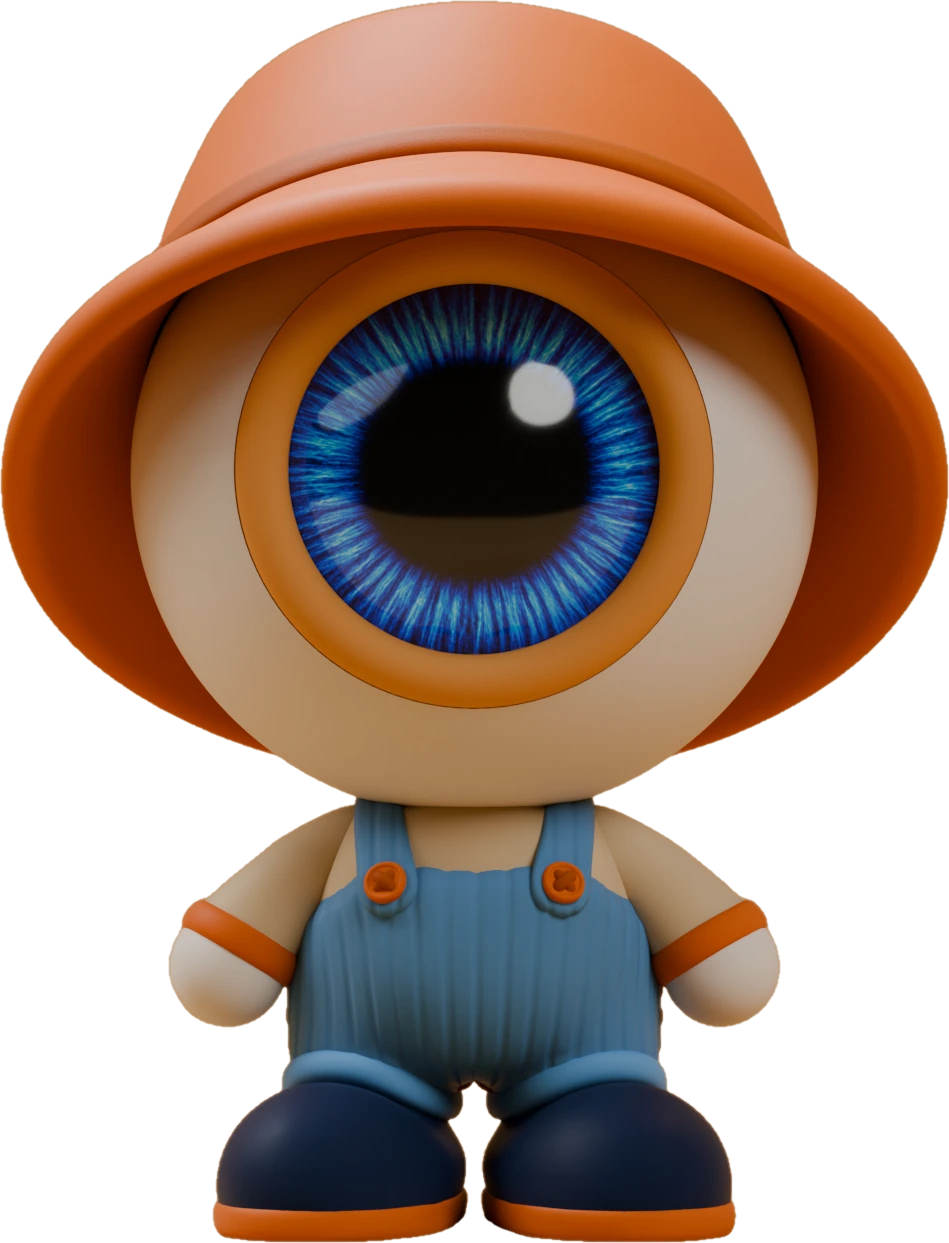 NORAA — orange bucket hat, blue dungarees and one blue eye circled by an orange ring; render