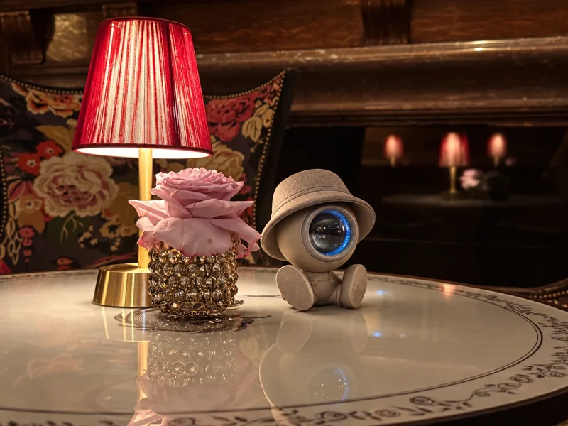NORAA beside a red lamp and a rose on a restaurant table — prototype photograph